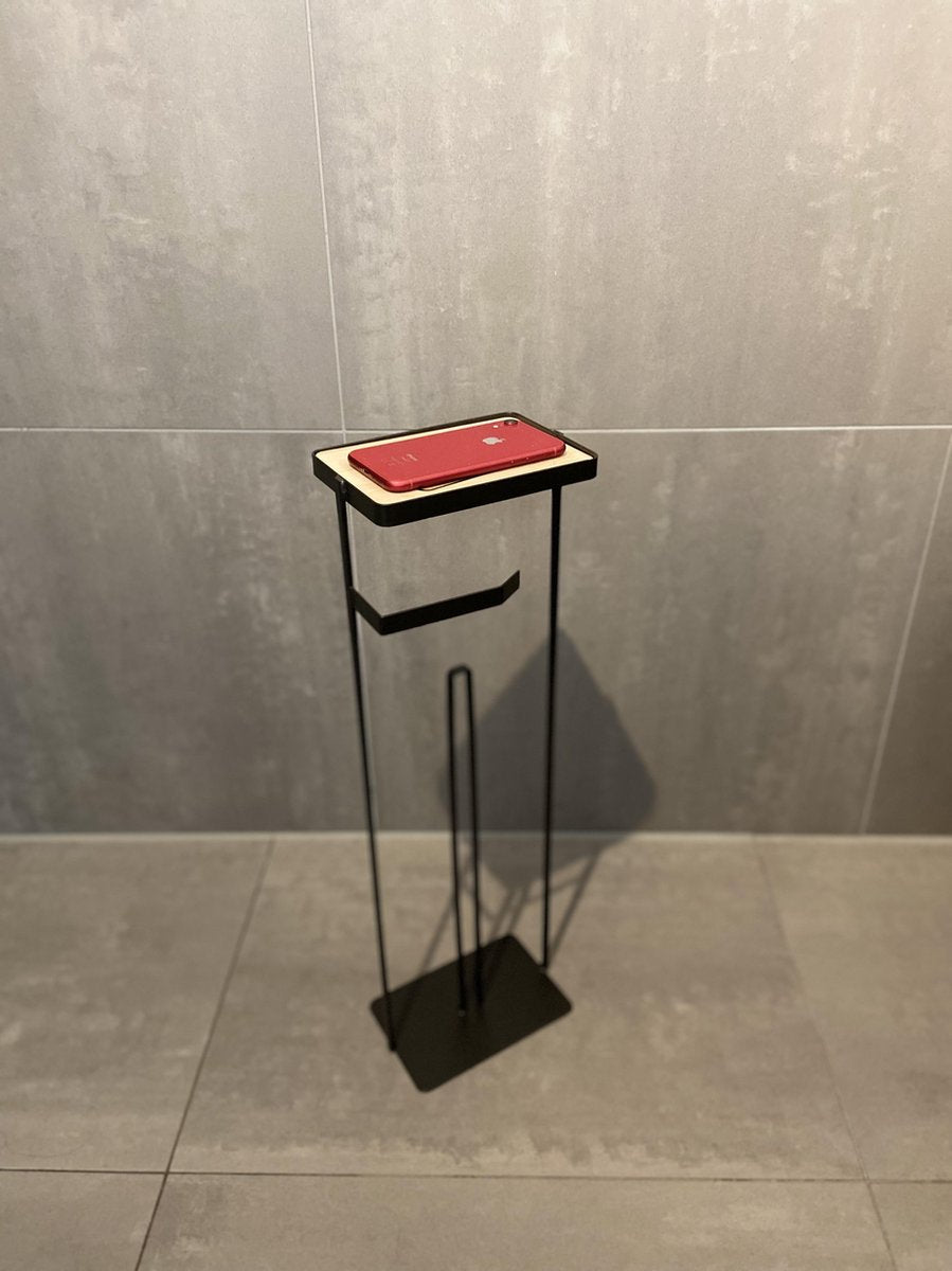 Freestanding toilet roll holder with reserve and phone shelf 59 cm