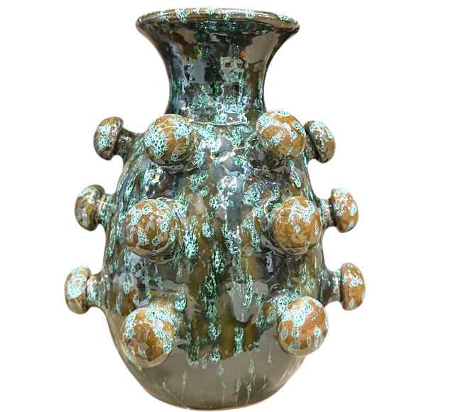 Vase en céramique artisanale à structure sphérique – brun/vert – 26 cm de haut