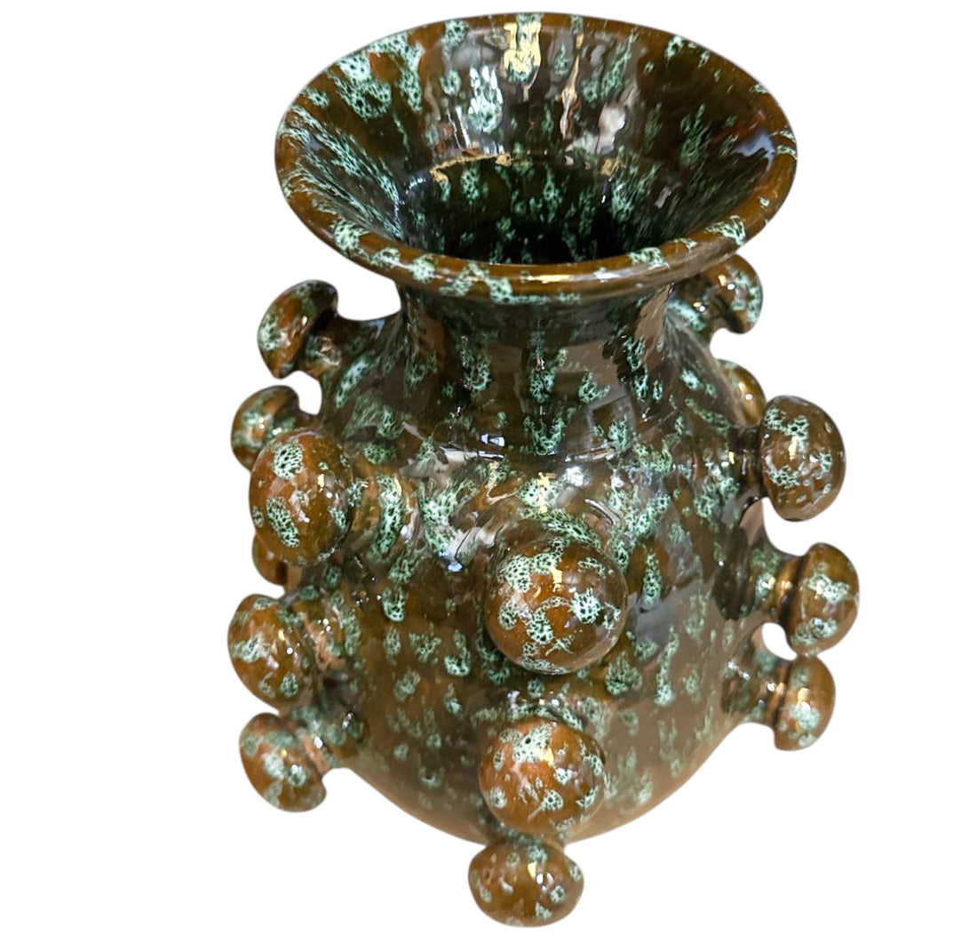 Handgemaakte keramieken vaas met bolstructuur – bruin / groen – 26 cm hoog