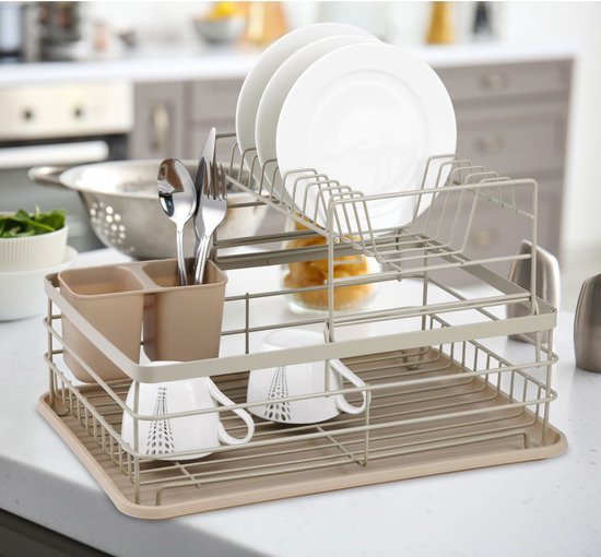Égouttoir à vaisselle - Acier / plastique / bois - Beige