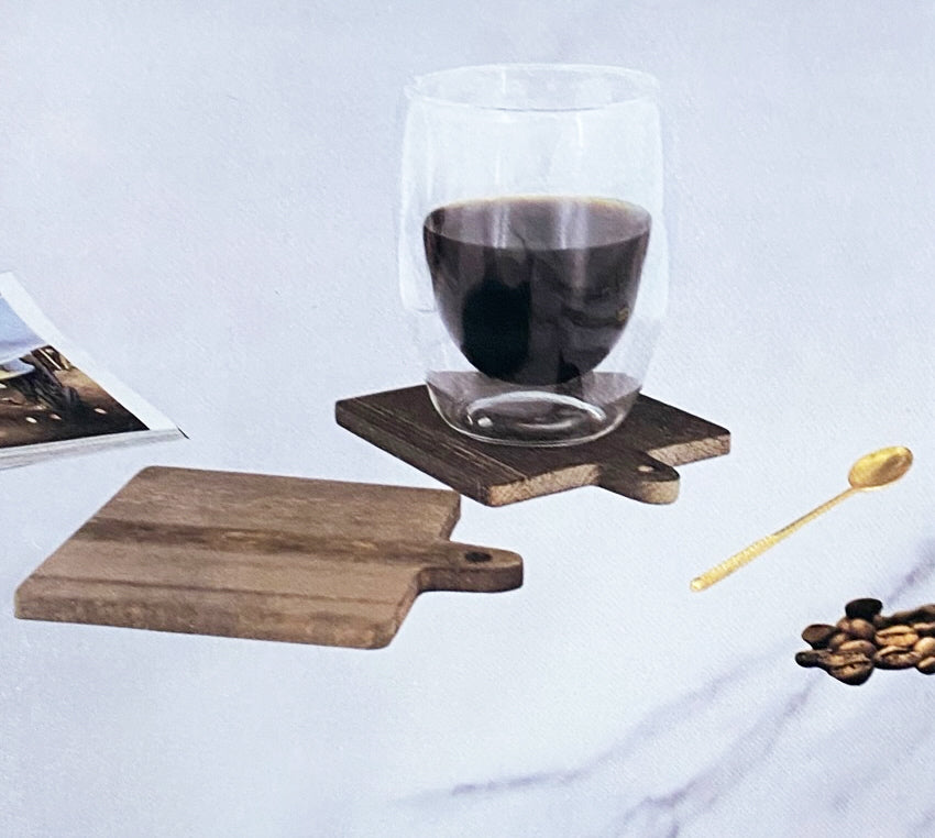 Wooden square coasters on a metal holder