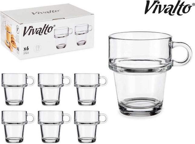 Lot de 6 tasses à thé/café en verre avec anse - 27cl - empilables