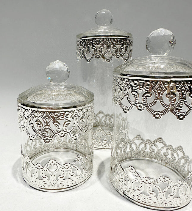 Opbergpotjes,glazen voorraadpotjes, glazen voedselpotjes zilver(3 stuks )