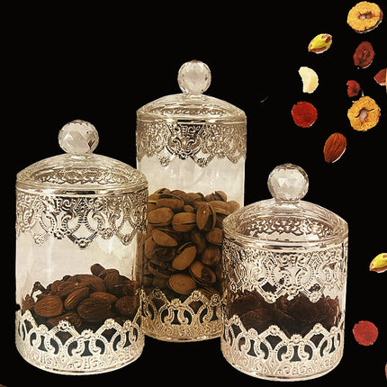 Bocaux de rangement, bocaux en verre, bocaux alimentaires en verre argentés (3 pièces)
