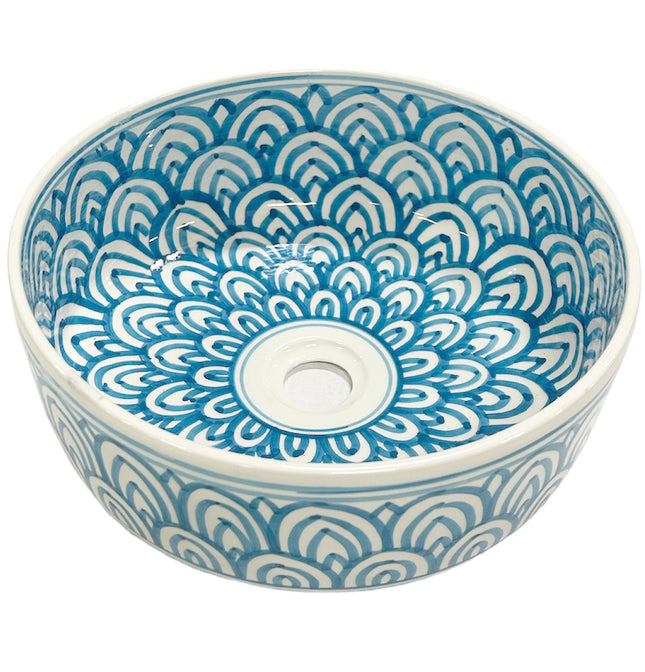 Vasque marocaine en céramique 35 cm - Blanc - Bleu clair - Faite à la main