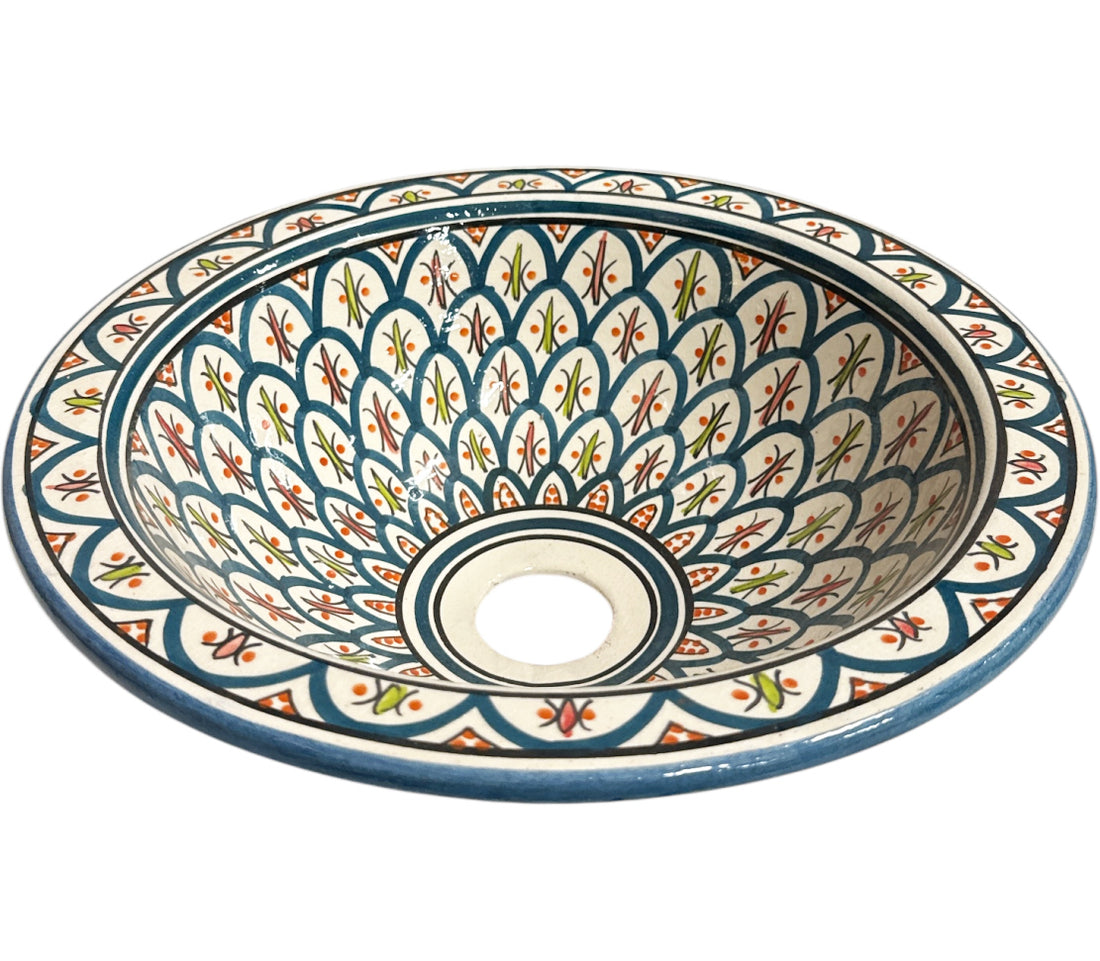 Ronde opbouw waskom turquoise – handgemaakte Marokkaanse wasbak, Ø 35 cm