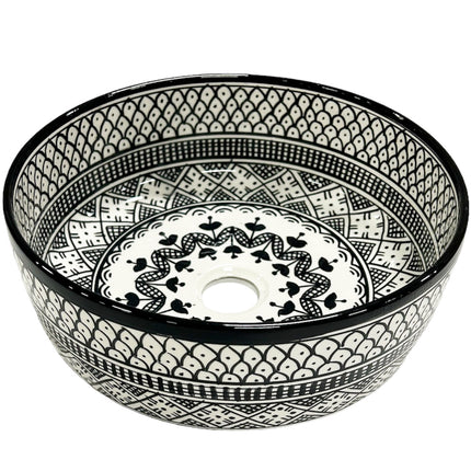 Vasque en céramique marocaine 35 cm noir et blanc