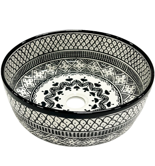Vasque en céramique marocaine 35 cm noir et blanc