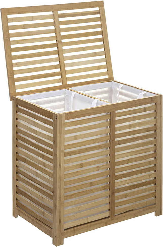 Panier à linge en bambou - Double bac - Compartiment 2x 50 litres - 58 x 40 x 60 cm - avec couvercle