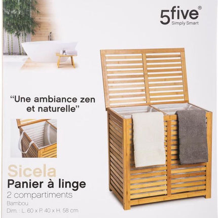 Panier à linge en bambou - Double bac - Compartiment 2x 50 litres - 58 x 40 x 60 cm - avec couvercle