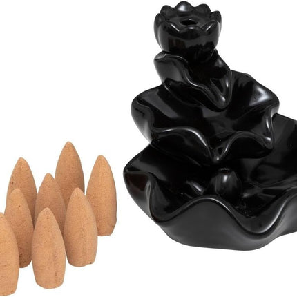 Fontaine à Encens en Céramique Noire avec 10 Cônes d'Encens – Élégant Set d'Aromathérapie (9,5x10,5 cm)