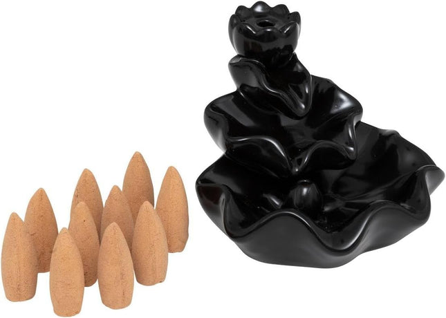 Fontaine à Encens en Céramique Noire avec 10 Cônes d'Encens – Élégant Set d'Aromathérapie (9,5x10,5 cm)