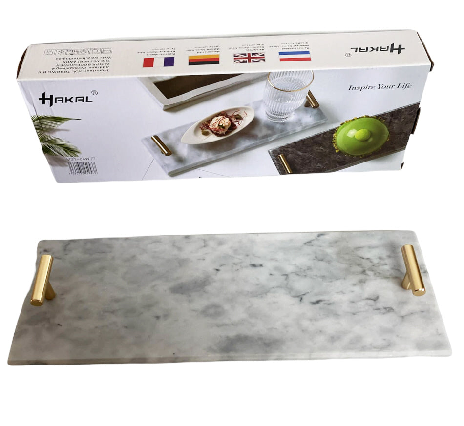 Marble serving tray with gold handles 40 x 14 cm black / white