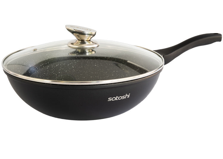 Wokpan Inductie - Ø 30 cm - Zwart Marmer - met Deksel – alle warmtebronnen
