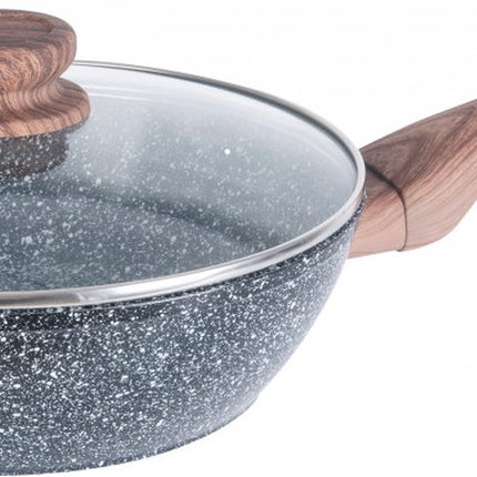Wok avec couvercle - Granit / bois - 24 cm