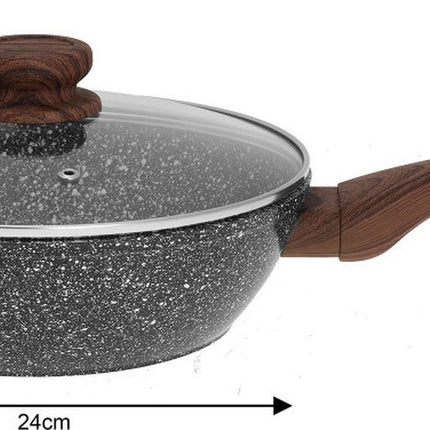 Wok avec couvercle - Granit / bois - 24 cm
