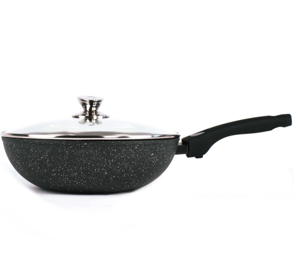 Marble Coating Wokpan Inductie - met glazen deksel - Zwart - 28 cm