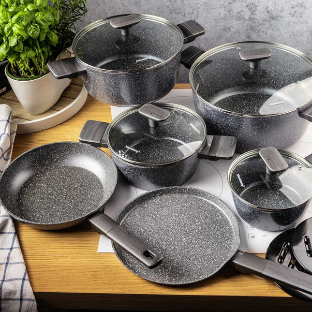 Batterie de cuisine 12 pièces en marbre gris - Ustensiles de cuisson complets et fonctionnels avec couvercles en verre