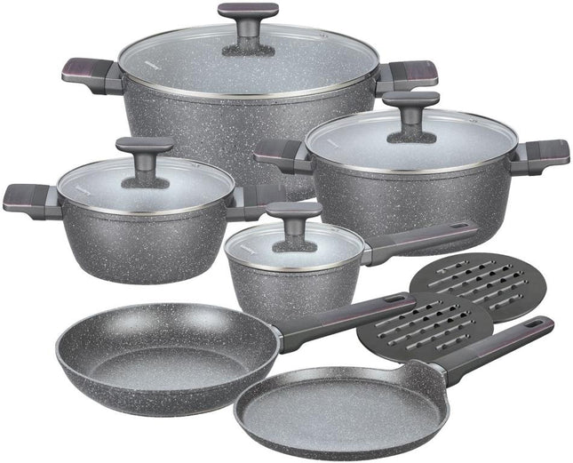 Batterie de cuisine 12 pièces en marbre gris - Ustensiles de cuisson complets et fonctionnels avec couvercles en verre