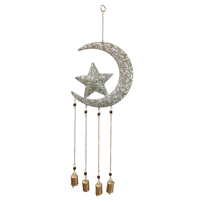Pendentif mobile lune et étoile en métal argenté