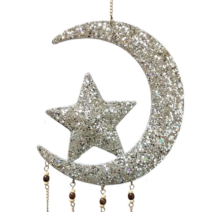 Pendentif mobile lune et étoile en métal argenté