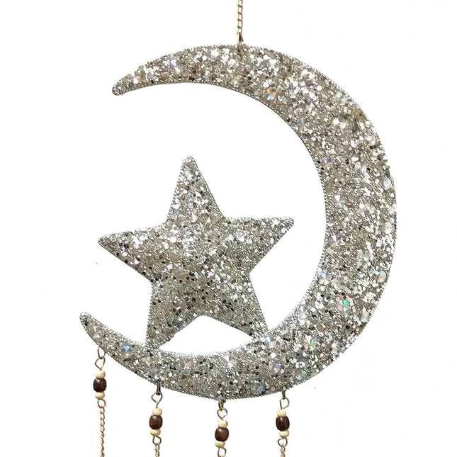 Pendentif mobile lune et étoile en métal argenté
