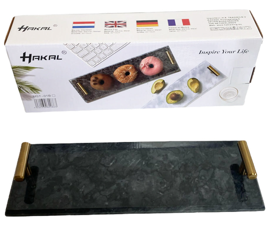 Marble serving tray with gold handles 40 x 14 cm black / white