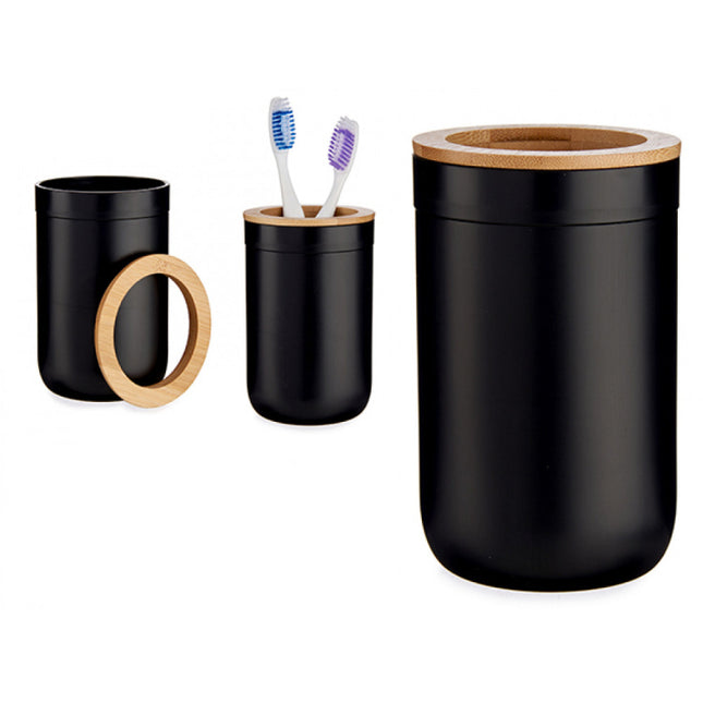 Porte-brosse à dents noir avec capuchon en bambou