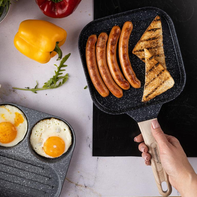 Gril antiadhésif compact noir avec poignée en bois - 36x18,5x2,5 cm