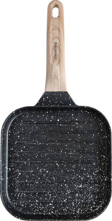 Gril antiadhésif compact noir avec poignée en bois - 36x18,5x2,5 cm