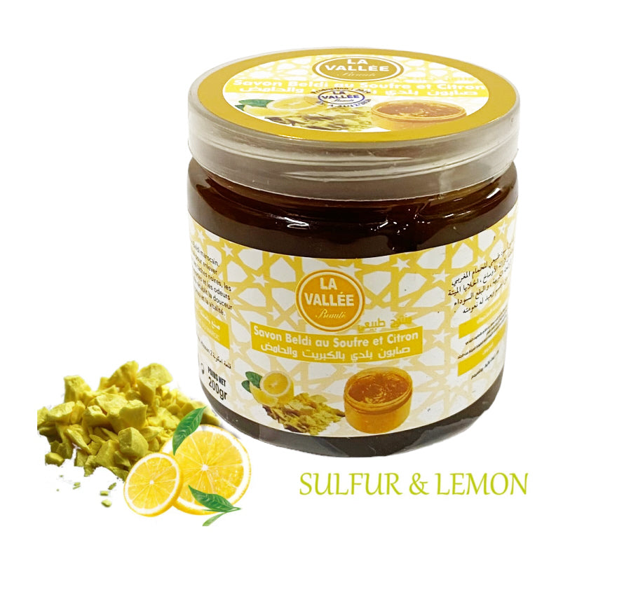 Marokkaanse zwarte zeep met zwavel en citroen – savon beldi, 200 gram